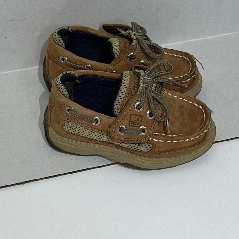 Sperry Youth Brown Leather Lace Up Lanyard‎ Top Sider Loafer Boat Shoes Size 5
